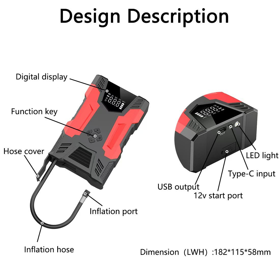 4in1 Multi-functional Car Emergency Jump Starter 12V High-Power Automotive Battery Emergency Jump Starter With Air Compressor Air Pump, Black And Red