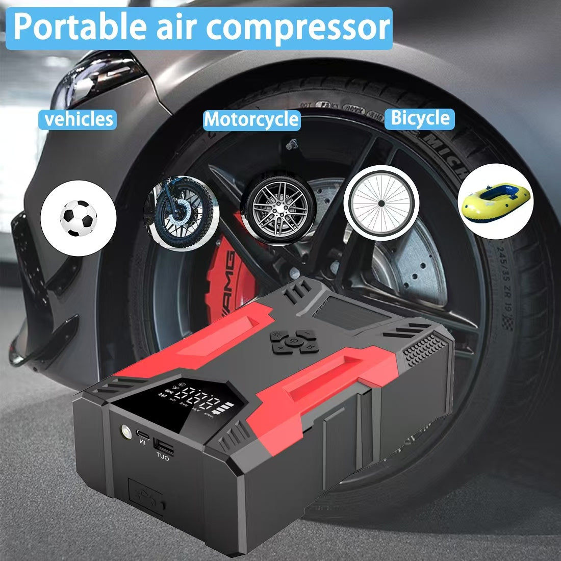 4in1 Multi-functional Car Emergency Jump Starter 12V High-Power Automotive Battery Emergency Jump Starter With Air Compressor Air Pump, Black And Red