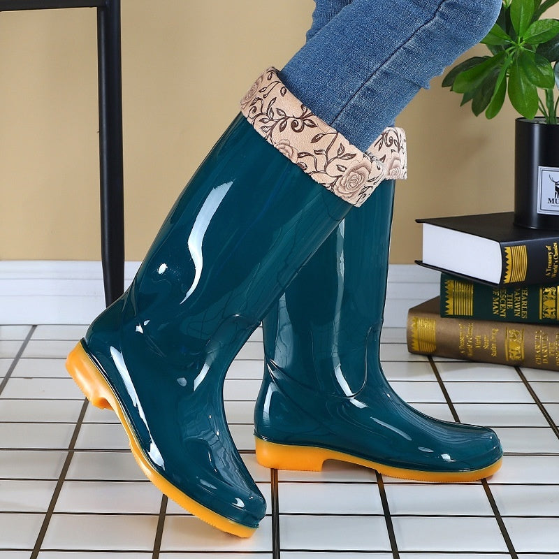 Women's Rain Boots Mid-high Tube Fashion Velvet Padded Thick Rain Boots Warm Winter Rain Boots Non-slip Adult