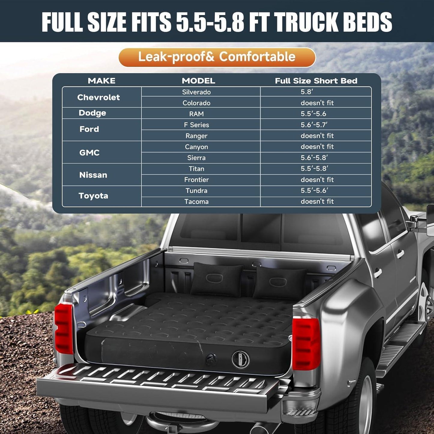 Cordless Air Pump Truck Bed Mattress, Fits 5.5'-5.8' Short Beds, Reinforced Support & Stability, Fast Inflation Deflation, All-in-One For Camping & Travel, Compact Storage
