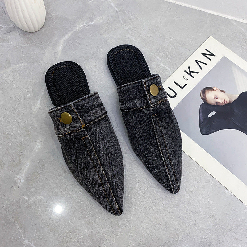 European And American Washed Denim Flat Closed Toe Slippers Women