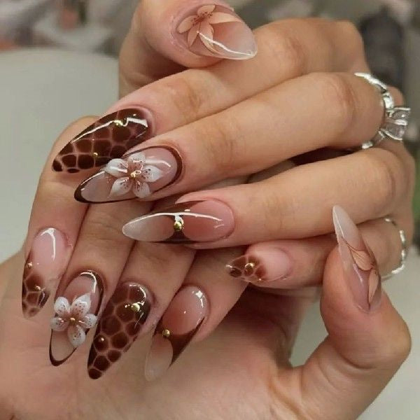 24pcs Manicure Long Almond False Nails Flowers Aurora