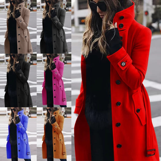 Autumn Winter New Woolen Coat Women's Slim Fit Cardigan Large Coat Women Long Sleeve Single Breasted Stand Collar Woolen Coat