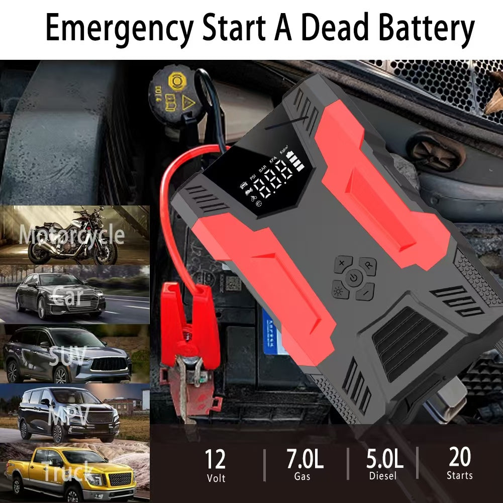 4in1 Multi-functional Car Emergency Jump Starter  12V High-Power Automotive Battery Emergency Jump Starter With Air Compressor Air Pump, Black And Red