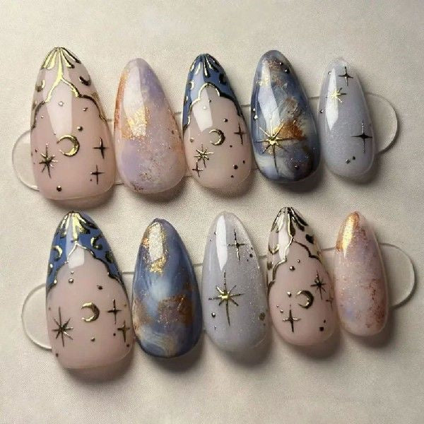 24pcs Manicure Long Almond False Nails Flowers Aurora