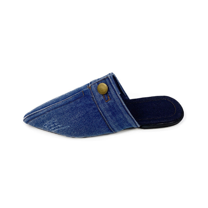 European And American Washed Denim Flat Closed Toe Slippers Women