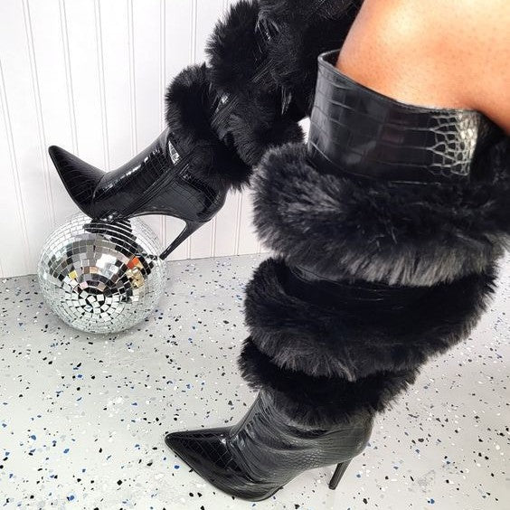 Foreign Trade Fashion Wool-Trim Pointed-toe Stiletto Boots