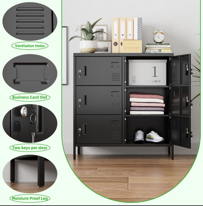 6Doors Metal Storage Locker With Card Slot,Metal Locker For Employees With Keys And Ventilation Holes,Suitable For Office, Home, Bank, School,Gym,Requires Installation,Black