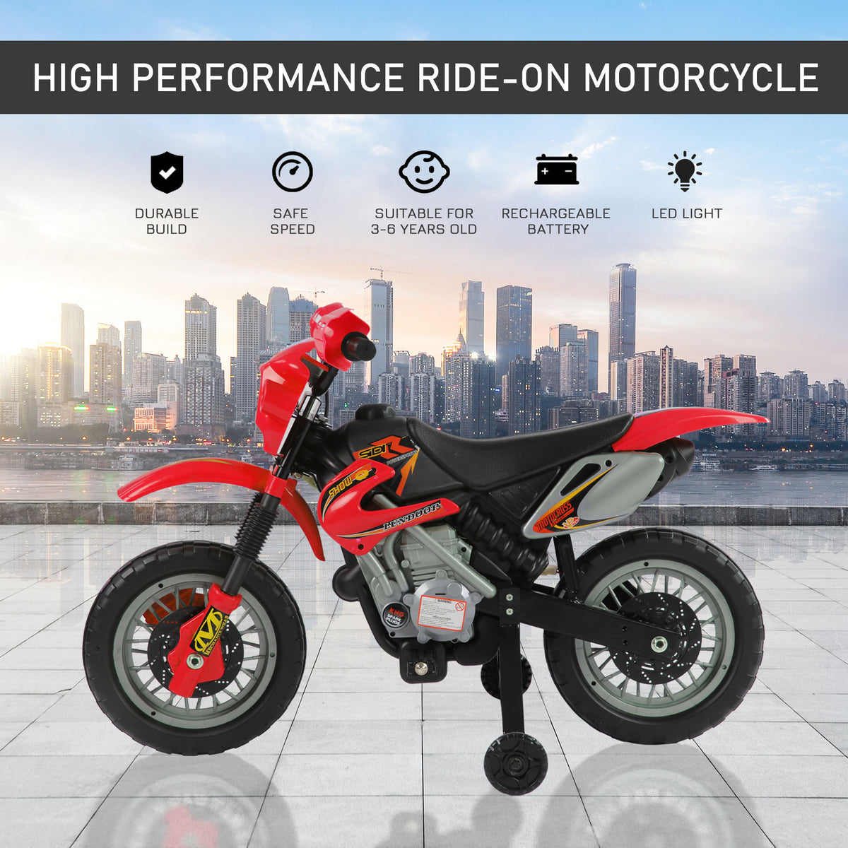 6V Kids Motorcycle Dirt Bike Electric Battery-Powered Ride-On Toy Off-road Street Bike with Training Wheels