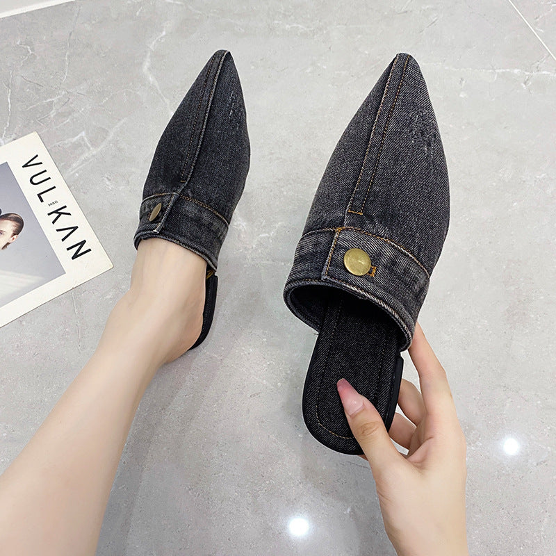 European And American Washed Denim Flat Closed Toe Slippers Women