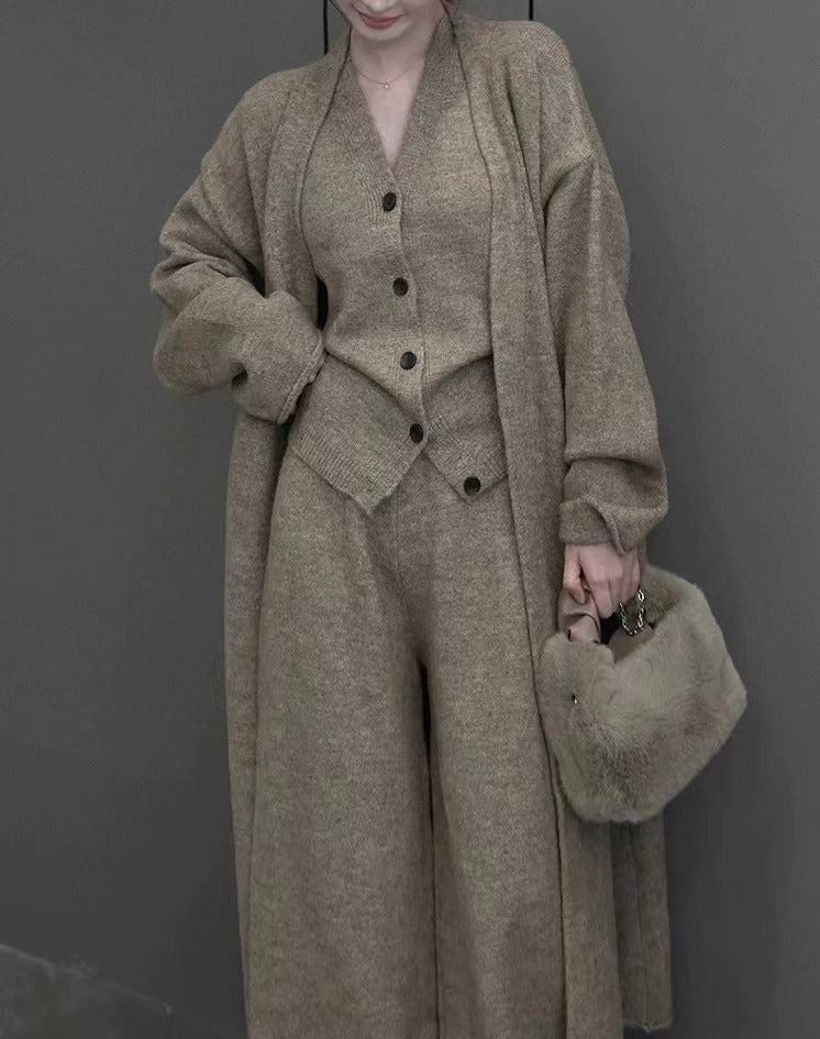 Long Sleeve Knitted Cardigan Vest High Waist Pants Three-piece Suit