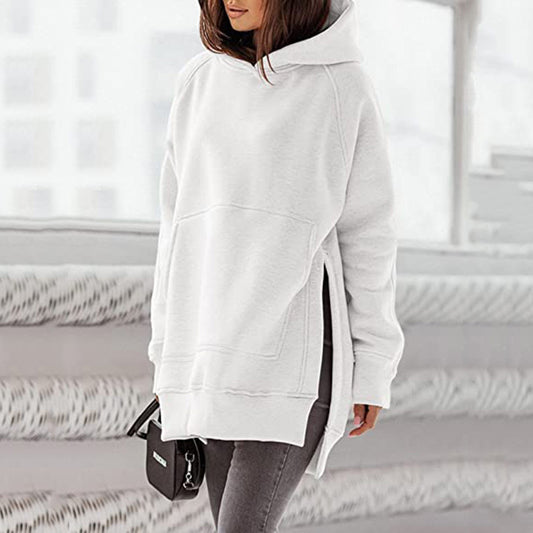 Long-sleeved Round Neck Fleece Sweatshirt Solid Color Pocket Loose Hooded Long-sleeved Sweatshirt