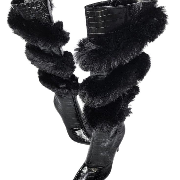 Foreign Trade Fashion Wool-Trim Pointed-toe Stiletto Boots