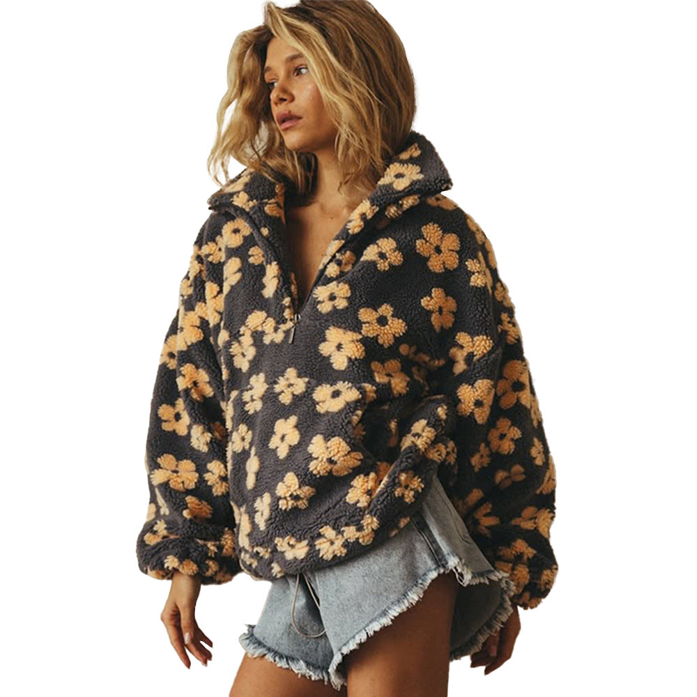 Winter Flowers Lambskin Sweatshirt With Big Pocket Casual Loose Zip-up Lapel Pullover Top Women's Clothing