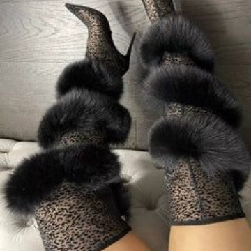 Foreign Trade Fashion Wool-Trim Pointed-toe Stiletto Boots