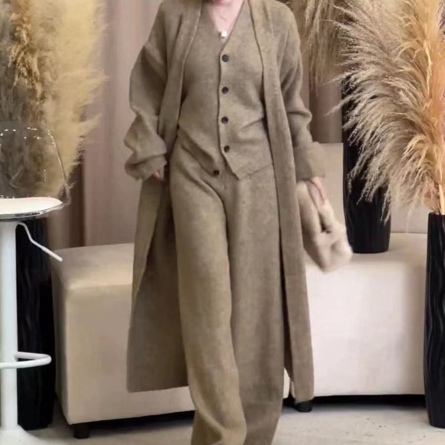 Long Sleeve Knitted Cardigan Vest High Waist Pants Three-piece Suit