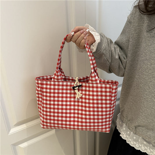 Korean Style Casual Canvas Bag Simple Double Bread Plaid Contrast Color