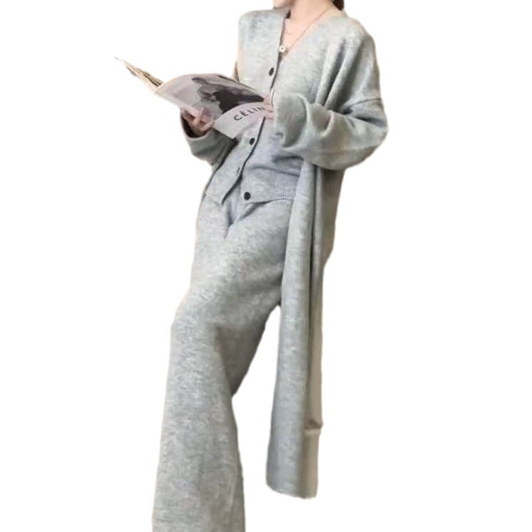 Long Sleeve Knitted Cardigan Vest High Waist Pants Three-piece Suit