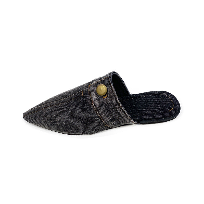 European And American Washed Denim Flat Closed Toe Slippers Women