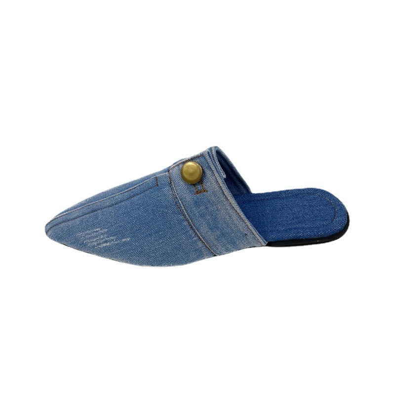European And American Washed Denim Flat Closed Toe Slippers Women