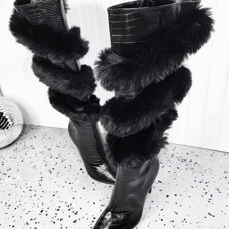 Foreign Trade Fashion Wool-Trim Pointed-toe Stiletto Boots