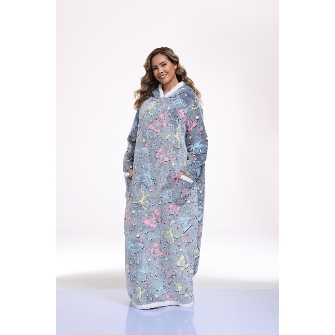 Oversized Wearable Hooded Blanket With Print Glow In The Dark Long Size-59in Sherpa Warm Sweatshirt For Women