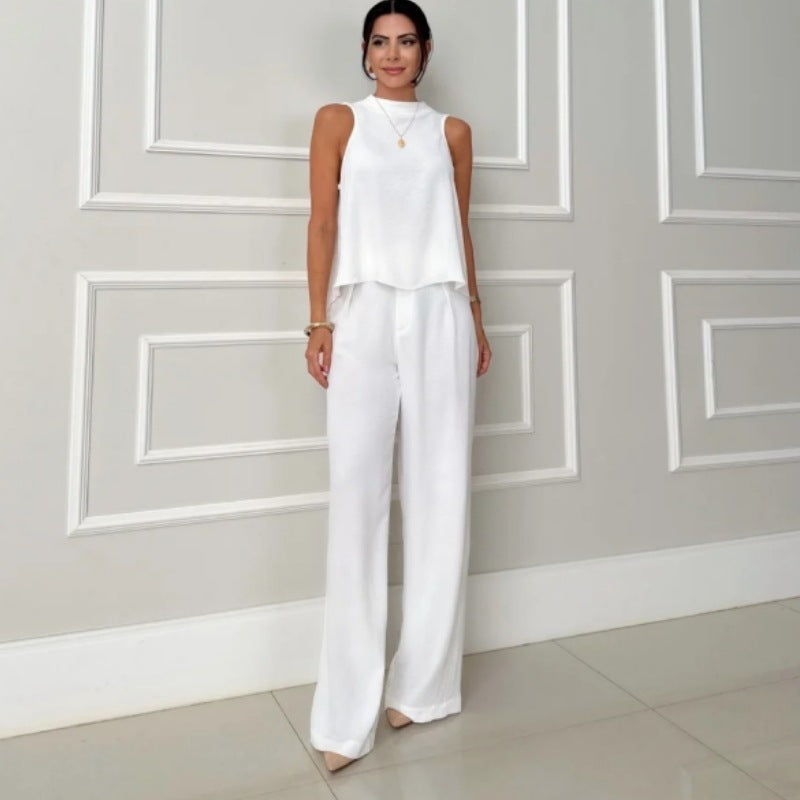 Fashion Loose Sleeveless Top Wide-leg Casual Pants Solid Color Two-piece Set