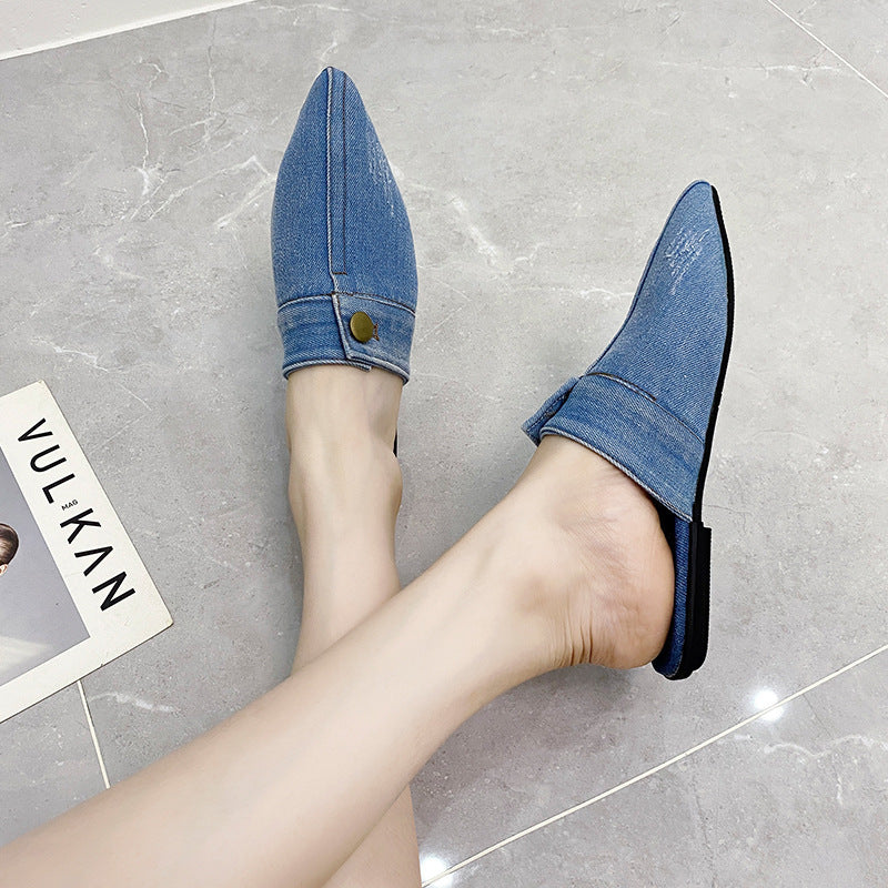 European And American Washed Denim Flat Closed Toe Slippers Women