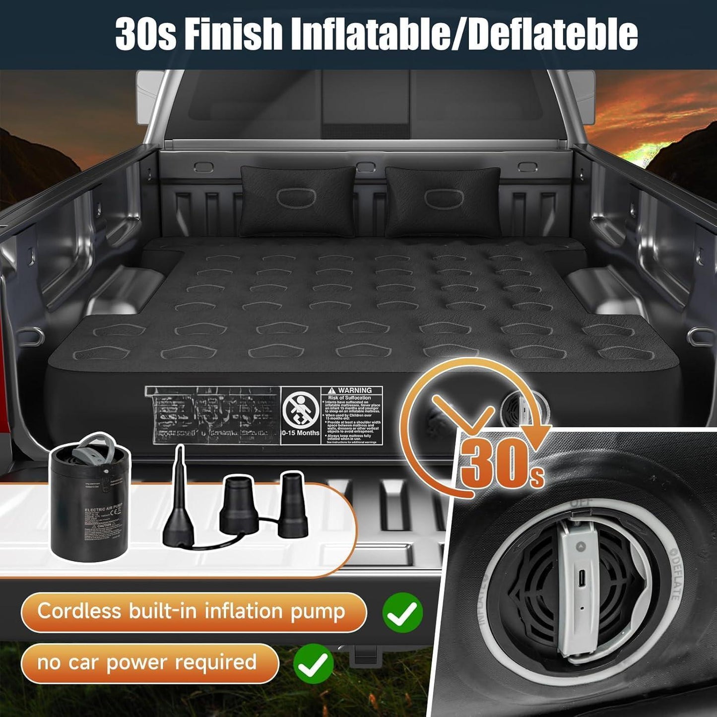Cordless Air Pump Truck Bed Mattress, Fits 5.5'-5.8' Short Beds, Reinforced Support & Stability, Fast Inflation Deflation, All-in-One For Camping & Travel, Compact Storage